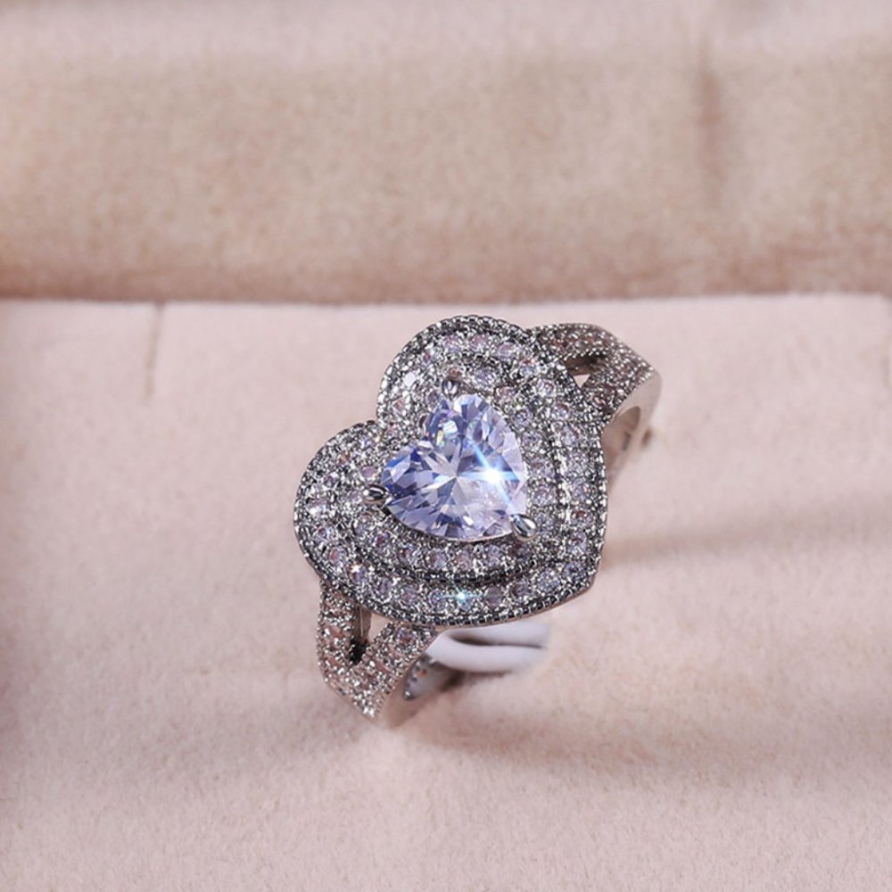 NEW Silver Double Halo Diamond Heart Ring - Picture 4 of 5